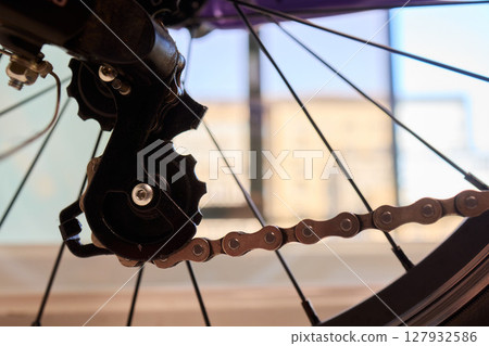 Detailed Close Up of a Modern Bicycle Gear System, Highlighting Its Components and Design Detailed Close Up of a Modern Bicycle Gear System, Highlighting Its Components and Design 127932586