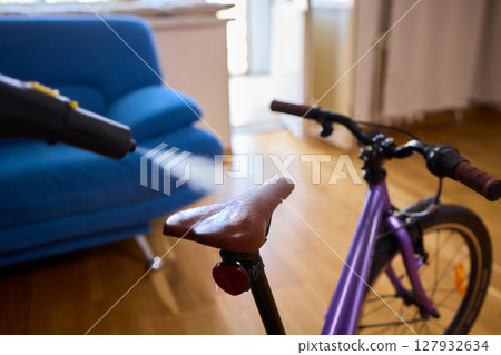 Effectively Cleaning a Bicycle Using a Vacuum Cleaner in a Contemporary Living Room Space Effectively Cleaning a Bicycle Using a Vacuum Cleaner in a Contemporary Living Room Space 127932634