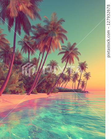 夢幻般的熱帶海灘日落風景 | 用柔和的色彩繪製的天堂海濱插圖 127932678
