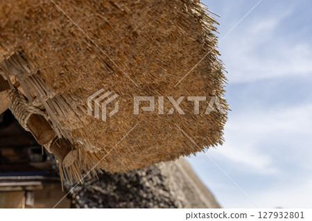 A close-up look at the thatched roofs of the Gassho-style houses in Shirakawa-go 127932801