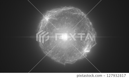Monochrome digital energy sphere with glowing core and electric web, symbolizing futuristic intelligence and abstract data visualization 127932817