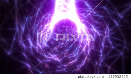 Triangular mesh network of glowing purple energy forming a digital vortex, symbolizing neural networks or quantum fields 127932825