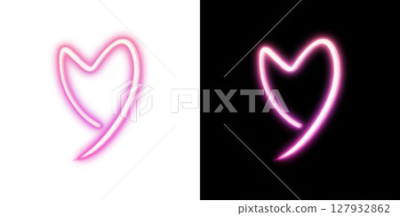 Pink neon heart painted on transparent and black background 127932862