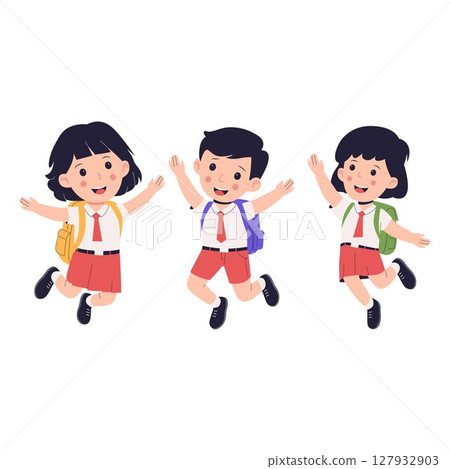 Happy Elementary School Students Jumping with Backpacks 127932903