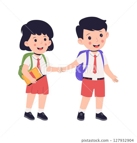 Flat Vector Illustration of Two School Students Holding Hands and Smiling in Uniform 127932904