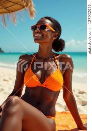 Beautiful black woman smiling and enjoying the sun on a tropical beach 127932956