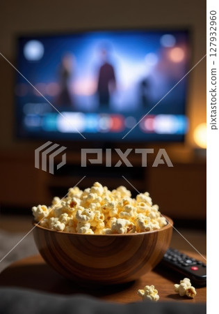 Wooden bowl of popcorn placed on a table, with a remote control and a large television playing a movie in the background, offering a cozy home cinema experience 127932960