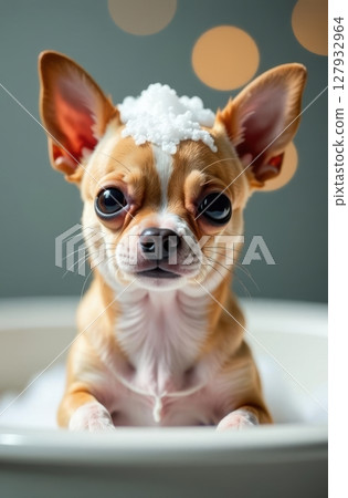 Cute chihuahua puppy taking a relaxing bubble bath 127932964