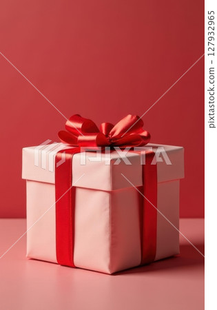 Pink gift box with red ribbon bow on red background 127932965