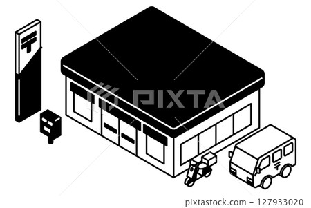 公共服務建築，簡單的線條藝術等距插圖，帶有郵箱和送貨車的郵局，黑白 127933020