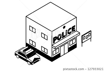 Public service buildings, police car and police box simple line drawing isometric illustration, black and white Public service buildings, police car and police box simple line drawing isometric illustration, black and white 127933021