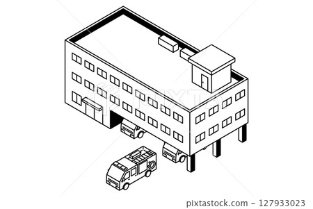 Public service buildings, fire engine and fire station simple line drawing isometric illustration, black and white 127933023