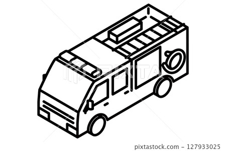 Simple line isometric illustration of a fire engine, black and white Simple line isometric illustration of a fire engine, black and white 127933025