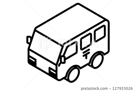 郵局送貨車輛的簡單線條藝術等距插圖，黑色和白色 127933026