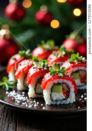 Christmas sushi rolls with red tuna and christmas tree on background 127933086