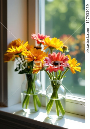 Gerbera flowers sitting on windowsill in glass vases 127933089