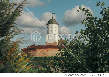Olaf's Tower in city Vyborg, Russia on sunny day 127933142