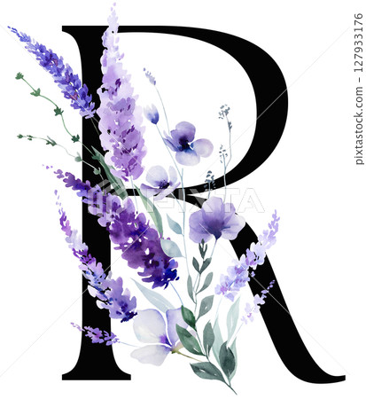 Black letter R with watercolor purple lavender flowers, summer floral wedding isolated monogram 127933176