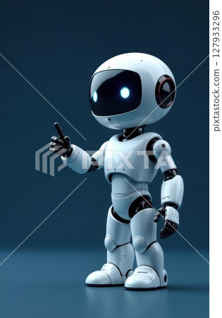 White friendly robot pointing with finger on dark blue background 127933296