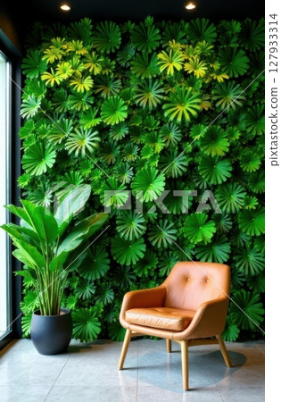Modern office interior design featuring vertical green wall and leather armchair 127933314