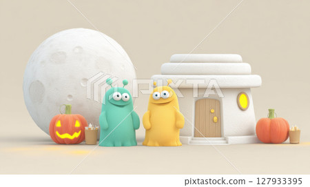 Cute alien figures stand beside pumpkin and small house with glowing window, set against large moon backdrop 127933395