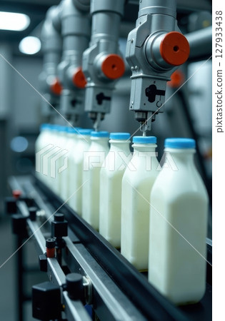 Robotic arms handling milk bottles on a conveyor belt in a dairy plant 127933438