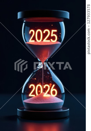Illuminated hourglass marking transition from 2025 to 2026 Illuminated hourglass marking transition from 2025 to 2026 127933578