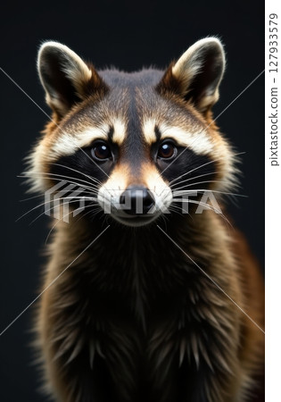 Raccoon posing on dark background, vertical wildlife portrait 127933579