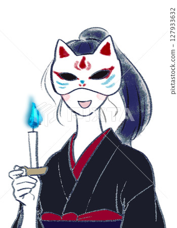 身穿黑色和服、戴著狐狸面具的微笑女子 身穿黑色和服、戴著狐狸面具的微笑女子 127933632