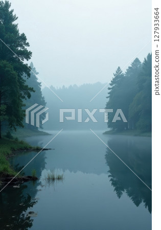 Fog hanging over lake surrounded by pine trees in early morning 127933664