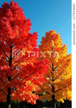 Red and yellow maple trees showing autumn colors under blue sky 127933665