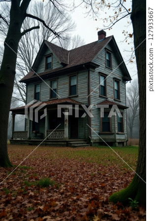Creepy abandoned house surrounded by fallen autumn leaves in a foggy forest Creepy abandoned house surrounded by fallen autumn leaves in a foggy forest 127933667