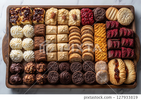 Variety of bakes and cookies in on a wooden trading tray on a white background. 127933819