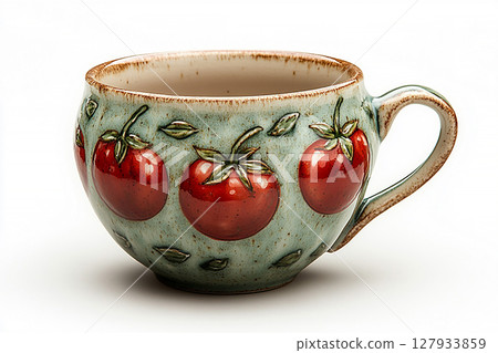 Ceramic cup with a tomato pattern in a classic style on a white background. 127933859