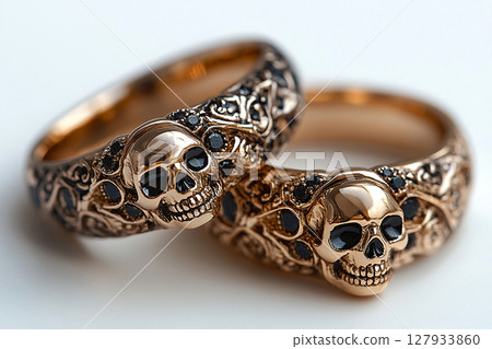 Pair of gold wedding rings with a skull pattern on a white background. Original style. 127933860