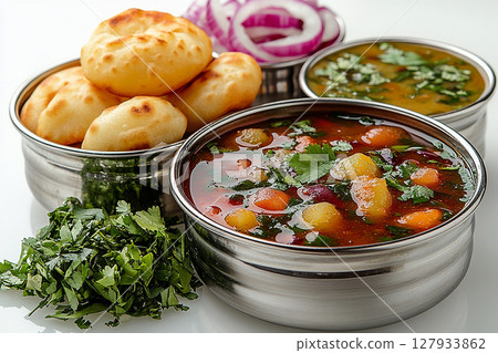 Indian Tiffin lunch box. Traditional Indian stainless steel plate with panipuri and tamarind broth nearby. 127933862