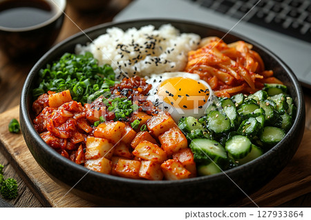 Korean-style lunch box with bibimbap ingredients, kimchi and pickled radish. Container with dosirak. 127933864