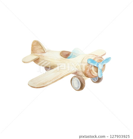 Wooden toy airplane. Hand drawn watercolor illustration isolated on white. For birthday cards, baby shower invitations, wallpapers and posters for childrens room. 127933925