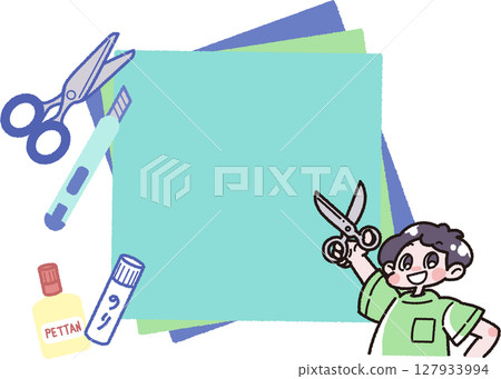 Illustration of a boy holding paper craft tools and scissors 127933994