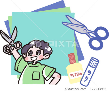 一個男孩拿著紙工藝工具和剪刀的插圖 一個男孩拿著紙工藝工具和剪刀的插圖 127933995