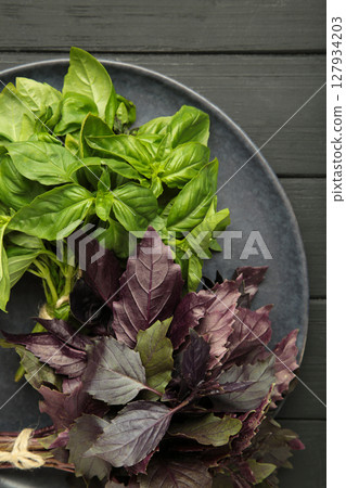 Green and purple basil herb on dark plate on black background. Vertical photo Green and purple basil herb on dark plate on black background. Vertical photo 127934203