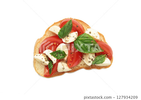 Tasty sandwich with mozzarella cheese, tomatoes and basil isolated on white background. Caprese 127934209