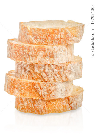 A stack of fresh crusty white bread slices isolated on a white background, perfect for bakery, sandwich, or breakfast food concepts 127934302