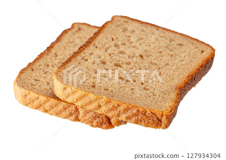 Two slices of soft brown bread isolated on white background, showcasing their airy texture and golden crust, ideal for sandwiches or breakfast food themes Two slices of soft brown bread isolated on white background, showcasing their airy texture and golden crust, ideal for sandwiches or breakfast food themes 127934304
