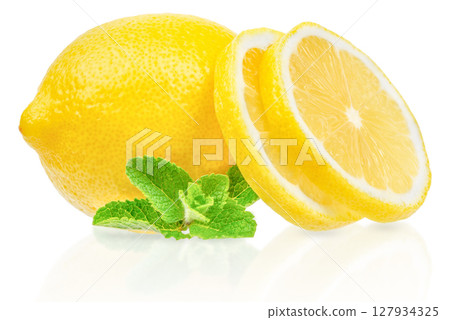A whole lemon with fresh slices and mint leaves arranged on a white background, symbolizing freshness, flavor, and natural ingredients 127934325