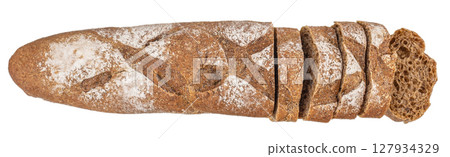 A partially sliced artisanal baguette dusted with flour, revealing a textured, airy crumb and rustic golden crust on a white background A partially sliced artisanal baguette dusted with flour, revealing a textured, airy crumb and rustic golden crust on a white background 127934329