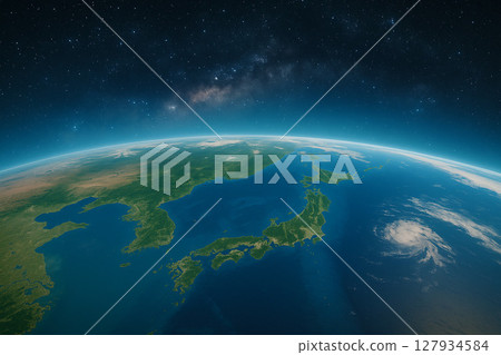 A spectacular view of the beautiful blue and starry sky of the Earth from space 127934584