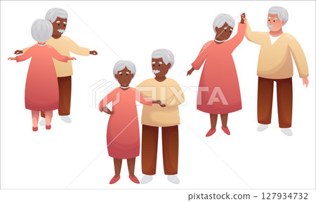 Cute elderly couple dancing together. Happy seniors spending time together actively Cute elderly couple dancing together. Happy seniors spending time together actively 127934732