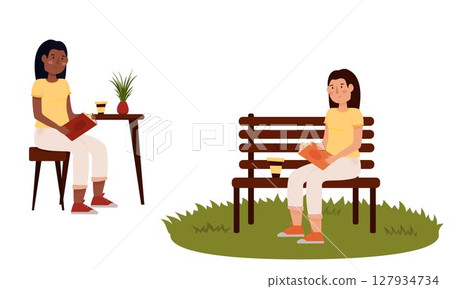 A girl enthusiastically reads a book in a cafe, in a park, in a library, on a swing. Literary girl A girl enthusiastically reads a book in a cafe, in a park, in a library, on a swing. Literary girl 127934734