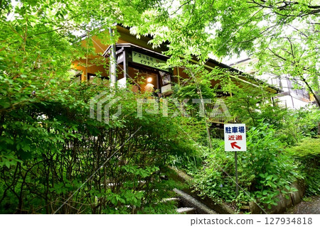 Nikko City Ryuokyo hiking trail (nature trail) and parking lot shortcut sign Nikko City Ryuokyo hiking trail (nature trail) and parking lot shortcut sign 127934818